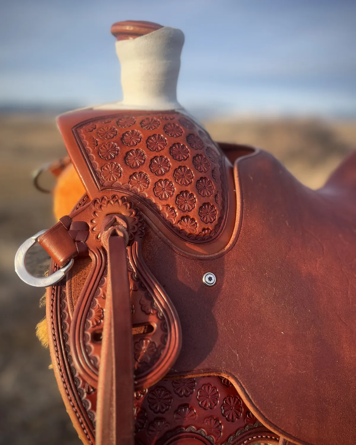 Basket-stamped saddle photographed outdoors